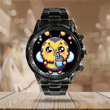 Discover Adorable Kawaii Bee Cute Animal Boba Tea Bubble Calendar Steel Band Watch