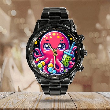 Discover Kawaii Octopus With Bubble Tea Sea Ocean Boba Tea Calendar Steel Band Watch