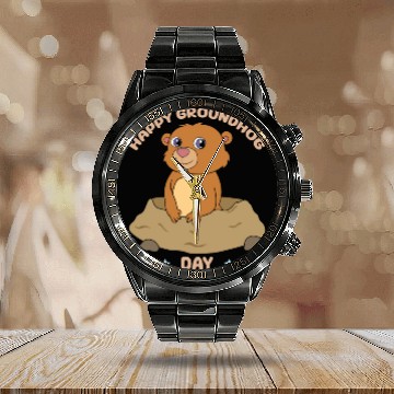 Discover Happy Groundhog Day Cute Kawaii Groundhog Calendar Steel Band Watch