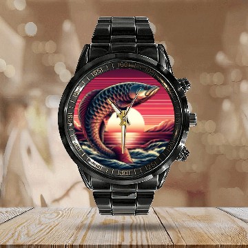 Discover Sunset with Arowana fish Calendar Steel Band Watch