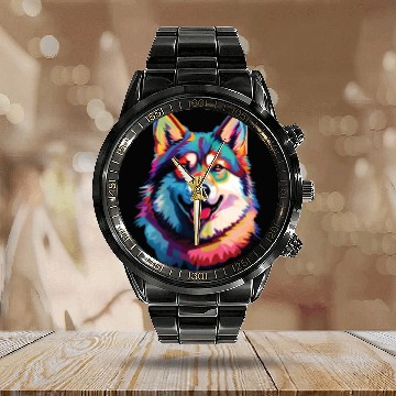 Discover Watercolor Colorful Akita Calendar Steel Band Watch