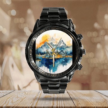 Discover Abstract Watercolor Mountain Calendar Steel Band Watch