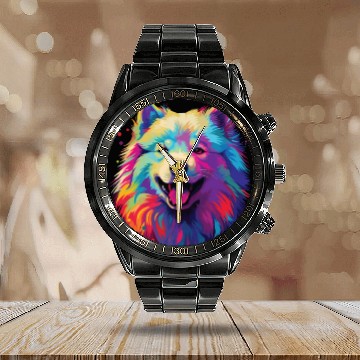 Discover Watercolor Colorful Samoyed Calendar Steel Band Watch