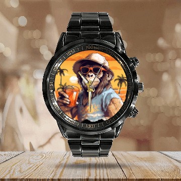Discover Cool Monkey With Drink Funny Animals Chimpanzee Calendar Steel Band Watch