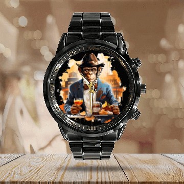 Discover Cool Business Monkey with Drink Chimpanzee Calendar Steel Band Watch