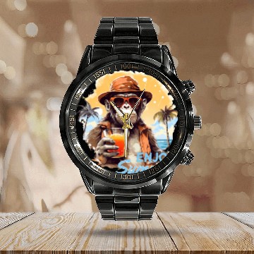 Discover Cool Monkey With Drink Funny Animals Chimpanzee Calendar Steel Band Watch