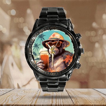 Discover Cool Monkey With Drink Funny Animals Chimpanzee Calendar Steel Band Watch