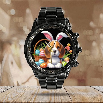 Discover Beagle with bunny ears and easter eggs Calendar Steel Band Watch