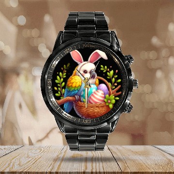 Discover Easter parrot with bunny ears Easter eggs Calendar Steel Band Watch
