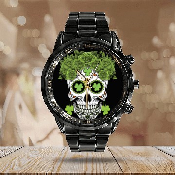 Discover St Patrick's Day Dia De Los Muertos Shamrock Calendar Steel Band Watch