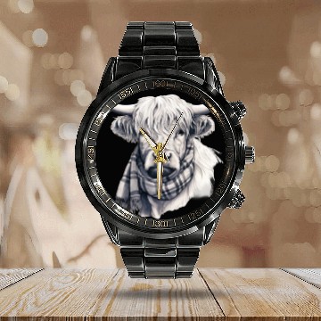 Discover Adorable Highland Cow Wearing a Scarf Calendar Steel Band Watch
