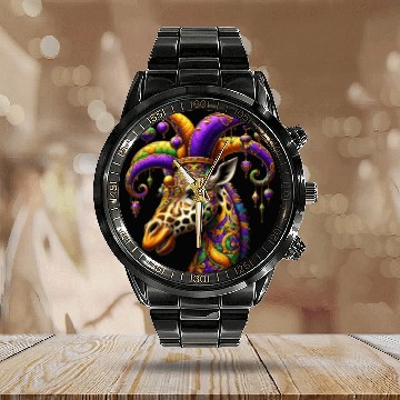 Discover Mardi Gras giraffe with fool's hat Calendar Steel Band Watch