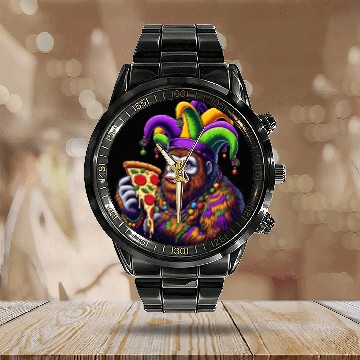 Discover Mardi Gras Bigfoot with Fool's Hat Pizza Calendar Steel Band Watch