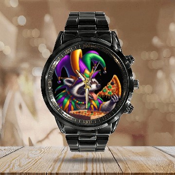Discover Mardi Gras raccoon with fool's hat Calendar Steel Band Watch