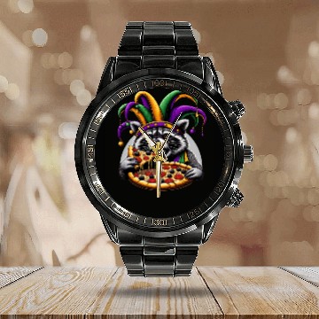 Discover Mardi Gras raccoon with fool's hat Calendar Steel Band Watch