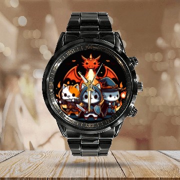 Discover Cute Kawaii Cat RPG Fantasy Board Game Dragon Calendar Steel Band Watch