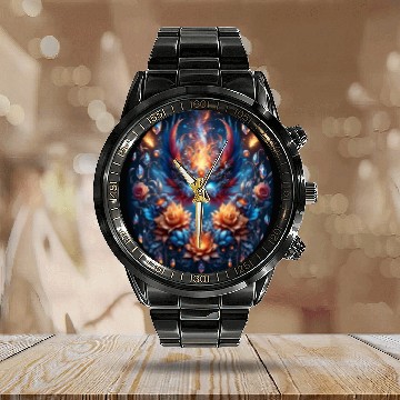 Discover Phoenix Rebirth in Cosmic Bloom Calendar Steel Band Watch