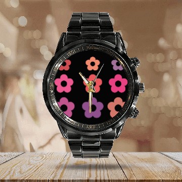 Discover Large and small pink multi-colored flowers Calendar Steel Band Watch
