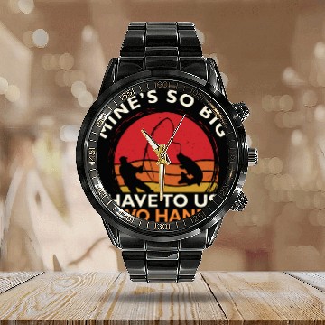 Discover Funny Fishing Mine's Big Use Two Hands Bass Fish Calendar Steel Band Watch