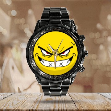 Discover Sinister Grin, angry Expression face Calendar Steel Band Watch