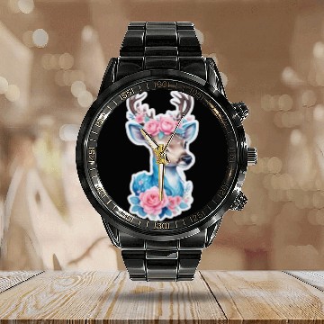 Discover cute deer blue blossom pink rose Calendar Steel Band Watch