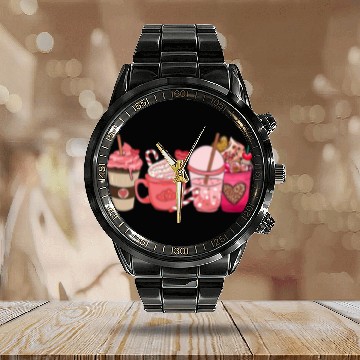 Discover Valentines Day Pink Coffee Cups Latte Iced Cream Calendar Steel Band Watch