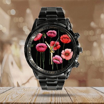 Discover Poppies, spring bloomers, summer, flower, vintage. Calendar Steel Band Watch