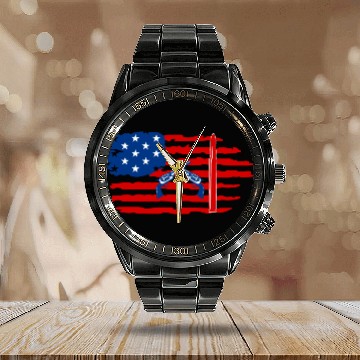 Discover USA flag with gun Calendar Steel Band Watch