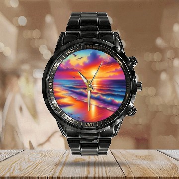 Discover Sunset Serenity: Pastel Beachscape Calendar Steel Band Watch