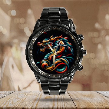 Discover Colorful Chinese Dragon Artwork and Tribal Design Calendar Steel Band Watch