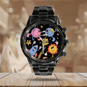 Discover Solar System Planets Moon Sun Saturn Cute Groovy Calendar Steel Band Watch