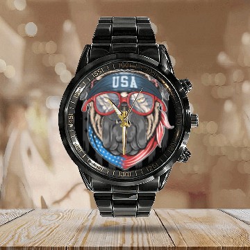 Discover Patriotic Pooch - American Spirit Dog Calendar Steel Band Watch