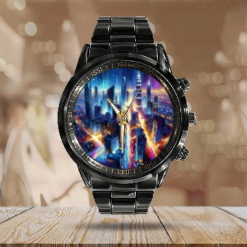 Discover Urban Lights Vibrant Nighttime Cityscape Calendar Steel Band Watch