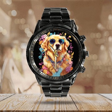 Discover Cool Golden Retriever with Sunglasses and Flowers Calendar Steel Band Watch