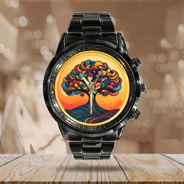 Discover Fall Color Tree Calendar Steel Band Watch