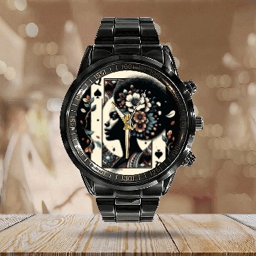 Discover Black Queen Poker Tarot Card African American Calendar Steel Band Watch