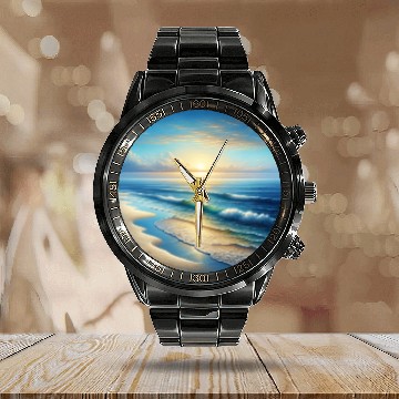 Discover Serene Seaside Sunrise Calendar Steel Band Watch