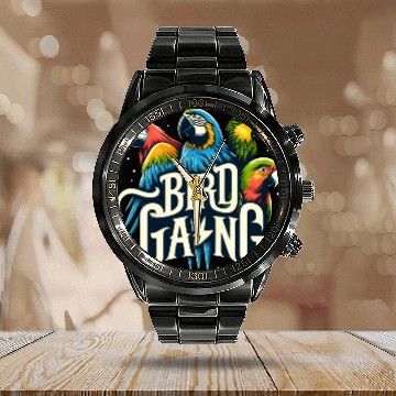 Discover Bird Gang Parrot Funny Birder Flock Owner Macaw Calendar Steel Band Watch