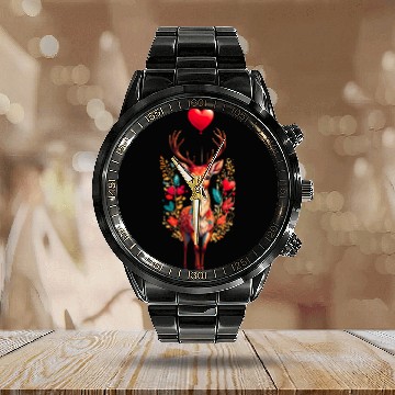 Discover February 14, deer with heart shaped balloon. Calendar Steel Band Watch