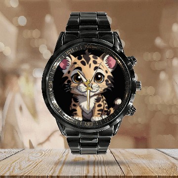Discover Adorable Baby Leopard - Cute Wildlife Cartoon Calendar Steel Band Watch
