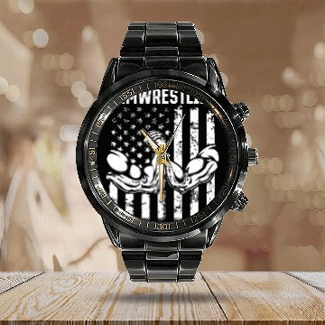 Discover Arm Wrestler Arm Wrestling Armwrestling US Flag Calendar Steel Band Watch