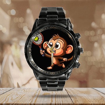 Discover Monkeys in Tennis and Badminton Duel - Hilarious Calendar Steel Band Watch