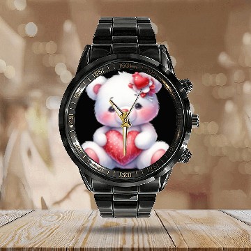 Discover White Teddy Bear Love Valentine's Day Red Heart Calendar Steel Band Watch