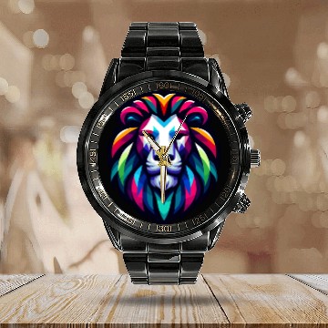 Discover Vibrant Spectrum Lion - Abstract Wildlife Majesty Calendar Steel Band Watch