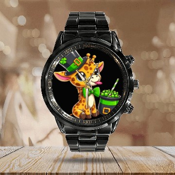 Discover St. Patrick's Day Giraffe with Bubble Tea Calendar Steel Band Watch