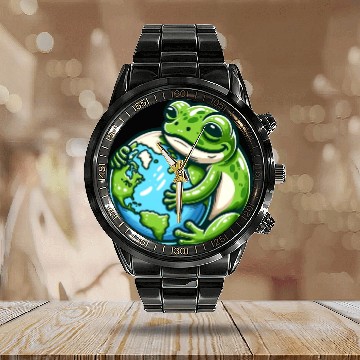 Discover Frog Embracing Earth: Earth Day Calendar Steel Band Watch
