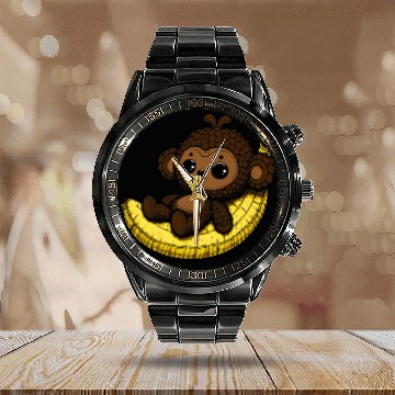 Discover Amigurumi Monkey Chills On Banana Calendar Steel Band Watch