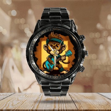 Discover Monkey Chimpanzee Playing Acousitc Rock Guitar Calendar Steel Band Watch