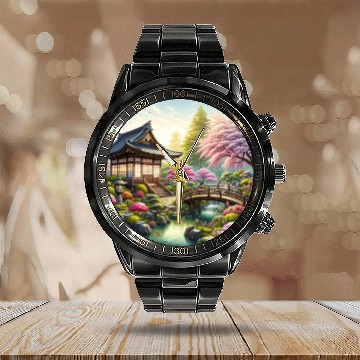 Discover Spring Serenity in Japanese Garden Calendar Steel Band Watch