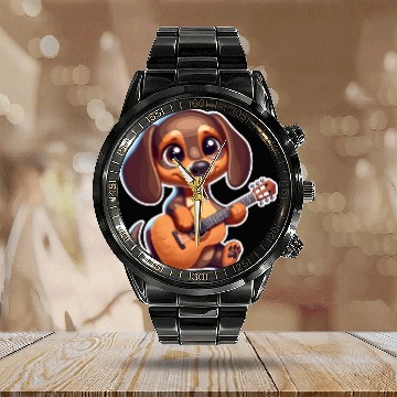 Discover Cute Dachshund playing Guitar Calendar Steel Band Watch